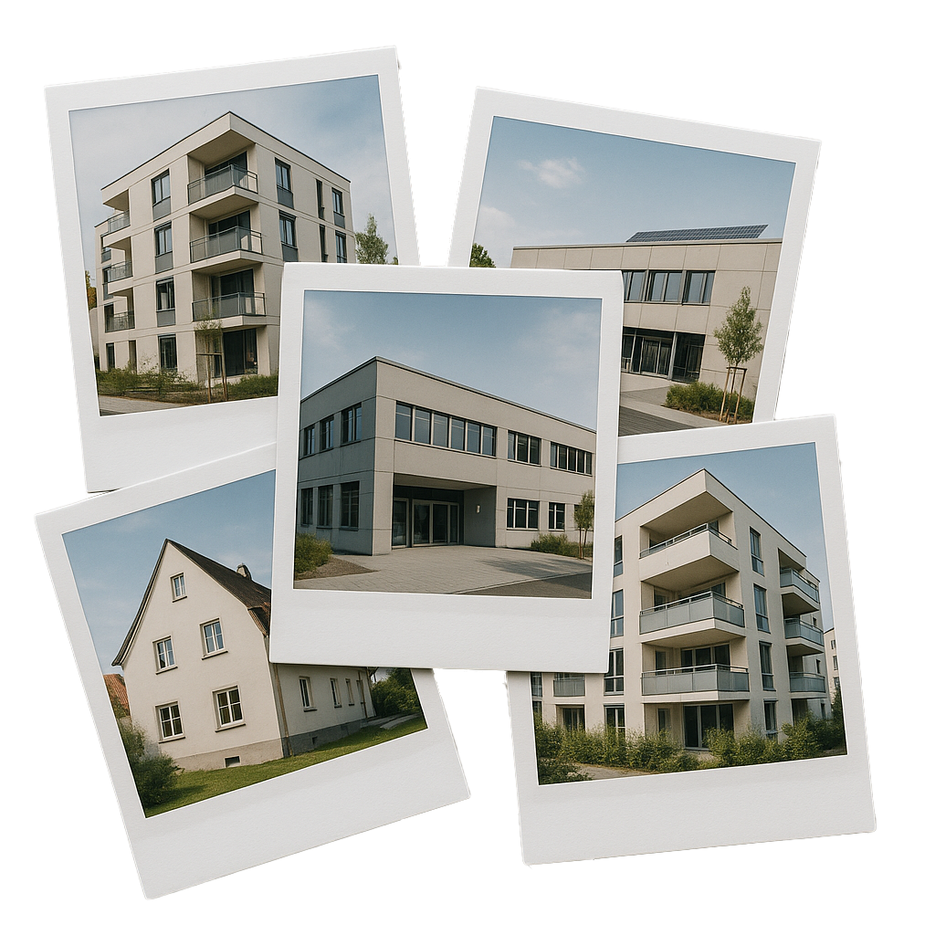 5 Polaroids mit Gebäuden