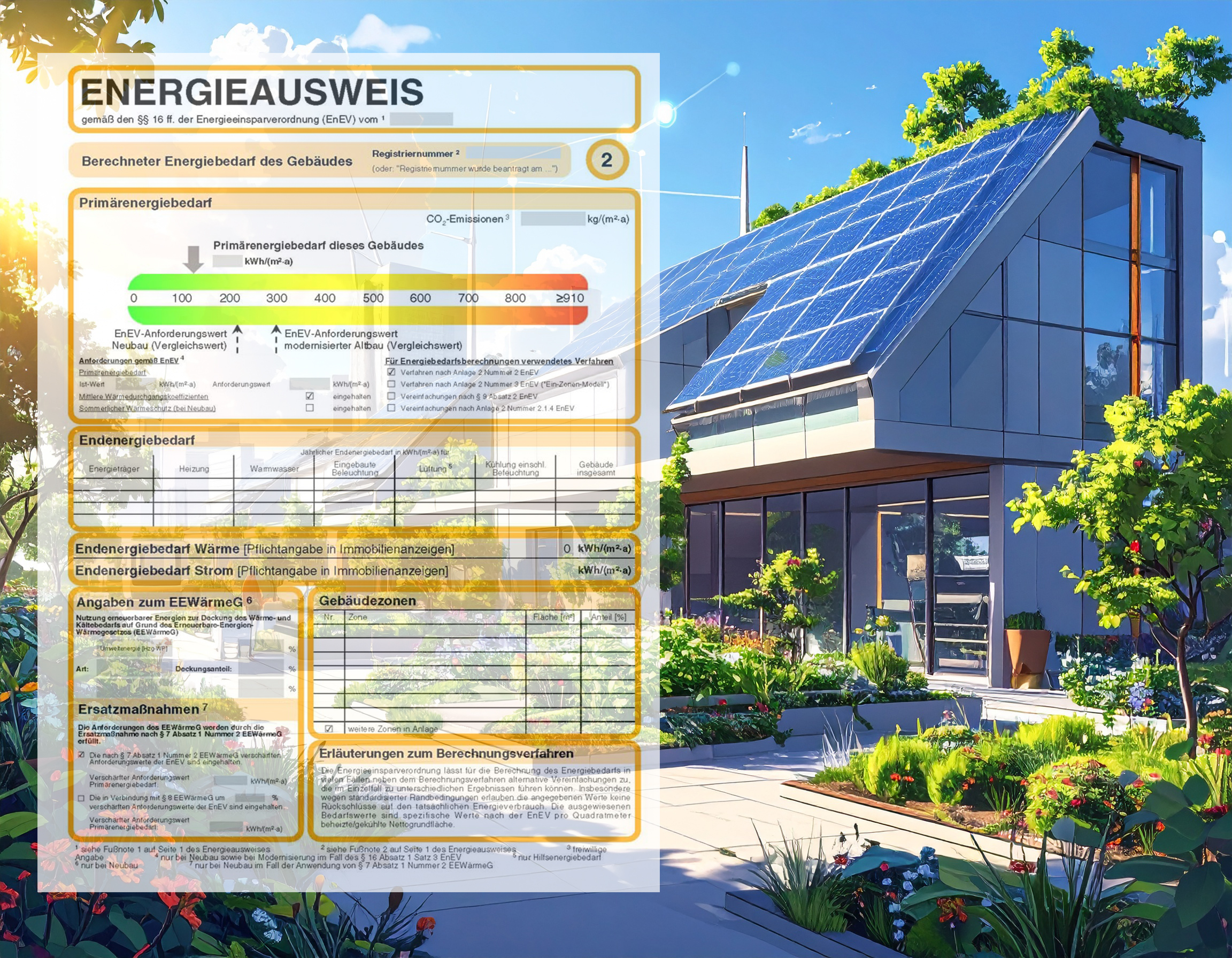 Darstellung eines modernen Gebäudes mit einem großen, gut sichtbaren Energieausweis